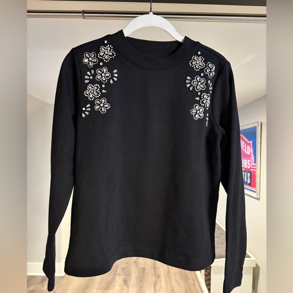 Talbots Black Long Sleeve Top with Beaded/Rhinestone Floral Embellishments